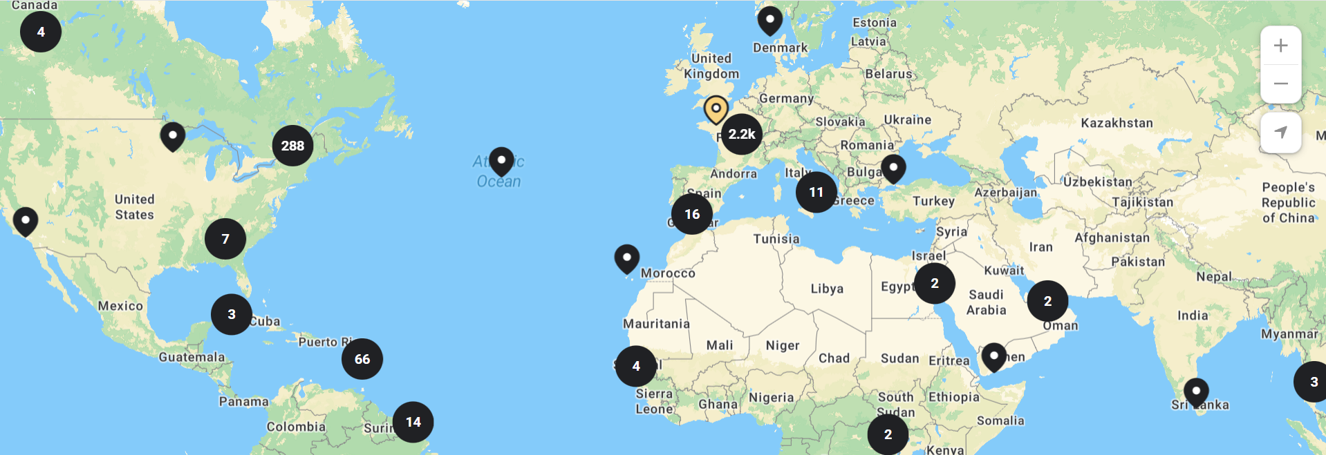 Carte mondiale montrant notre portée